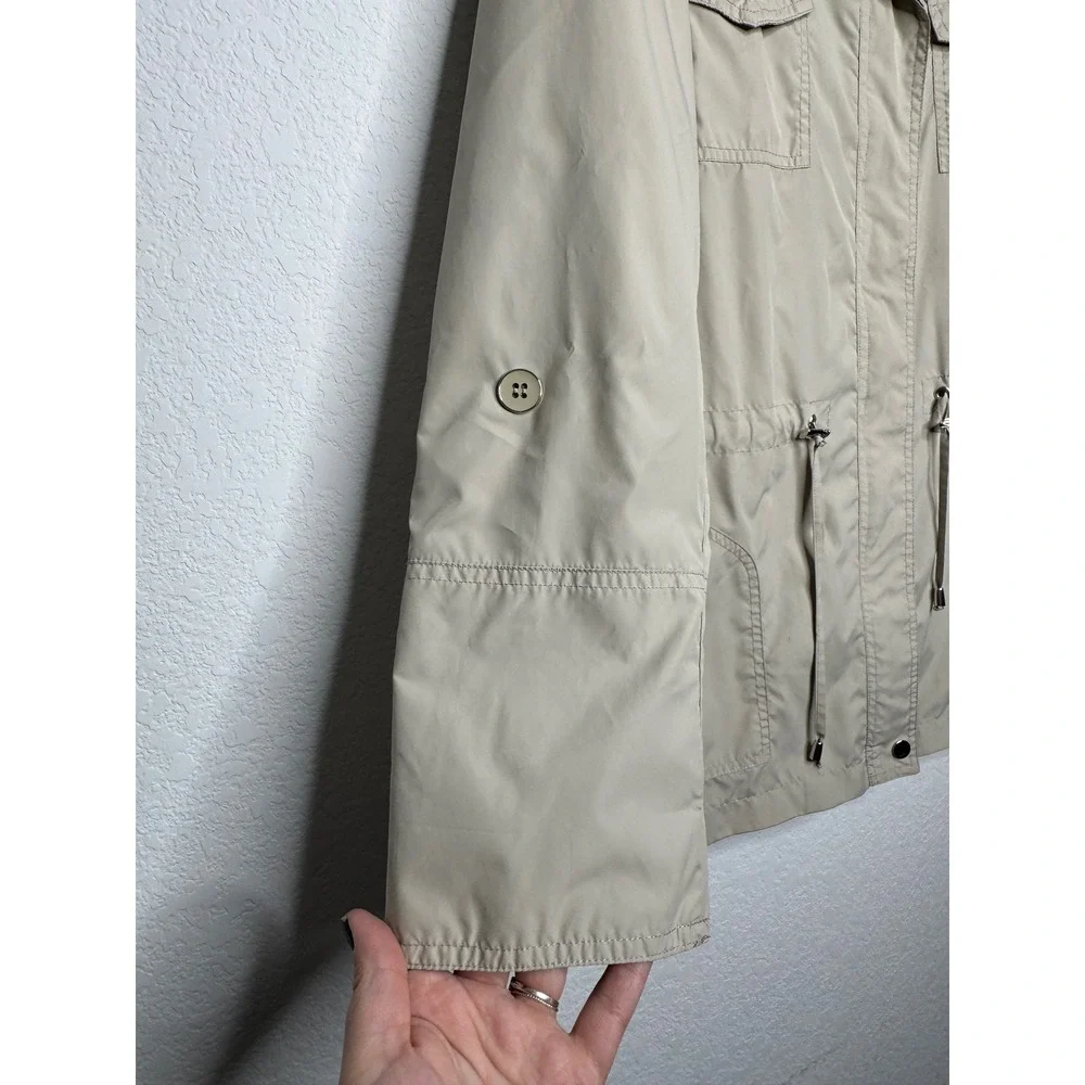 JM Collection Womens Tan Khaki Hooded Utility Rain Jacket Contrast Trim Size‎ L